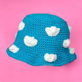 Turquoise and White Cloud Bucket Hat - Kawaii Crocheted Sky Sun Hat by VelvetVolcano