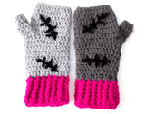 CorpseKitty Fingerless Gloves - Grey, Black & Hot Pink Frankensteins Monster & Zombie Cat Inspired Hand Warmers by VelvetVolcano