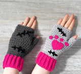 CorpseKitty Fingerless Gloves - Grey, Black & Hot Pink Frankensteins Monster & Zombie Cat Inspired Hand Warmers by VelvetVolcano