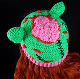 Zombie Kitty Beanie - Neon Green, Bubblegum Pink, Black and Red Crochet Zombie Hat with Cat Ears, Stitches and exposed BRAINS, made from 100% Acrylic Yarn by VelvetVolcano