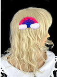 Bisexual Pride Flag inspired crochet rainbow hair clip with white clouds on the ends of the rainbow. Bisexual Rainbow Cloud Hair Clip by VelvetVolcano