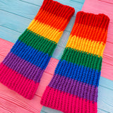 Bright Rainbow Striped Crochet Flared Leg Warmers - Vibrant Colour Block Y2K Rave Cyber Kawaii Leg Covers  by VelvetVolcano