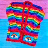 Bright Rainbow Striped Crochet Cardigan with Rainbow Cloud Pockets by VelvetVolcano