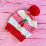 Bubblegum Pink, White & Red Striped Slouchy Crochet Pom Pom Beanie with Cherry Motif by VelvetVolcano