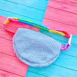 Light Blue Crochet Bum Bag with Pastel Rainbow Striped Strap and Pastel Rainbow and Cloud Motif - Kawaii Fairy Kei Fanny Pack by VelvetVolcano