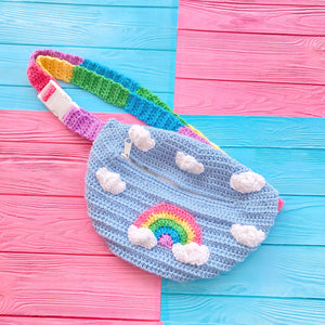 Light Blue Crochet Bum Bag with Pastel Rainbow Striped Strap and Pastel Rainbow and Cloud Motif - Kawaii Fairy Kei Fanny Pack by VelvetVolcano