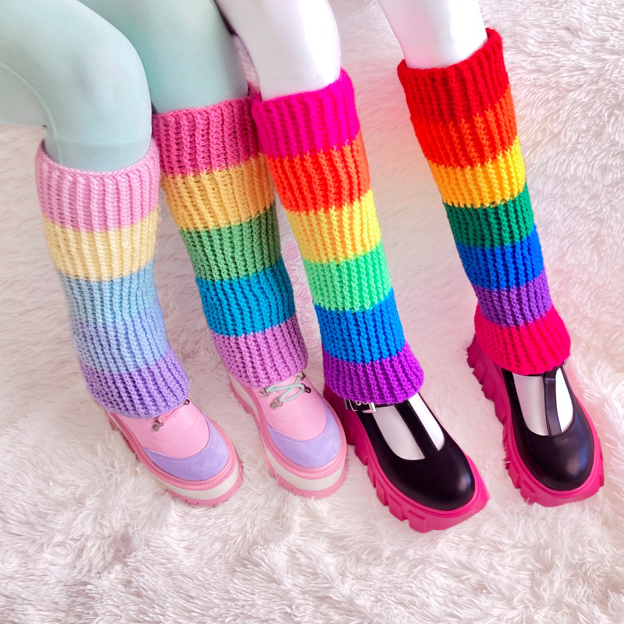 Bright Rainbow Striped Crochet Flared Leg Warmers - LGBTQ Pride by