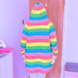 Kawaii Pastel Rainbow Striped Crochet Hooded Cardigan with Rainbow Cloud Pockets by VelvetVolcano