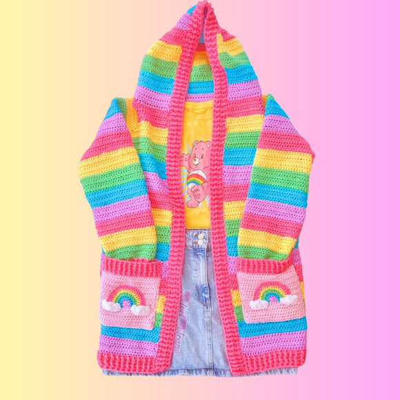 Kawaii Pastel Rainbow Striped Crochet Hooded Cardigan with Rainbow Cloud Pockets by VelvetVolcano