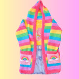 Kawaii Pastel Rainbow Striped Crochet Hooded Cardigan with Rainbow Cloud Pockets by VelvetVolcano