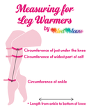 VelvetVolcano Leg Warmers Sizing Chart, showing measurements for the circumference just under the knee, circumference of widest part of calf, circumference of ankle and the length from ankle to bottom of knee
