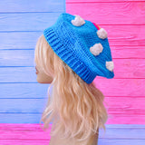 Neon Rainbow Cloud Beret - Bright blue crochet beret with white cloud and neon rainbow design by VelvetVolcano