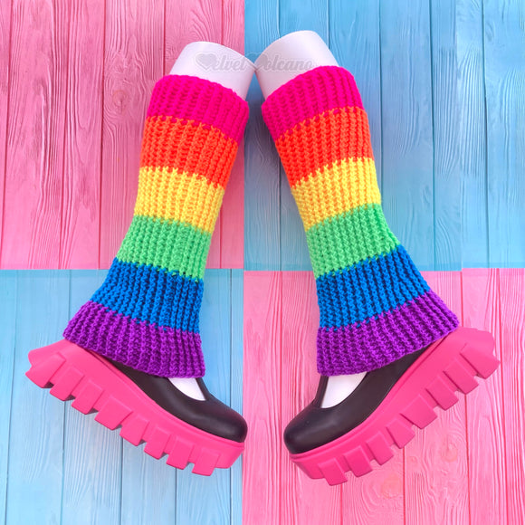 Neon Rainbow Striped Flared Leg Warmers - Y2K Cyber Rave Leg Covers by VelvetVolcano