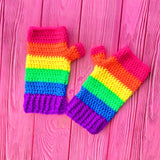 Neon Rainbow Striped Womens Fingerless Gloves, Vibrant Colourful Stripy Girls Ladies Crochet Hand Warmers by VelvetVolcano