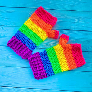 Neon Rainbow Striped Womens Fingerless Gloves, Vibrant Colourful Stripy Girls Ladies Crochet Hand Warmers by VelvetVolcano