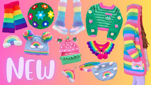 A collage style header image with text overlay that says "NEW" featuring multiple colourful crochet VelvetVolcano items
