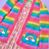 Pastel Rainbow Striped Crochet Cardigan with Rainbow Cloud Pockets by VelvetVolcano