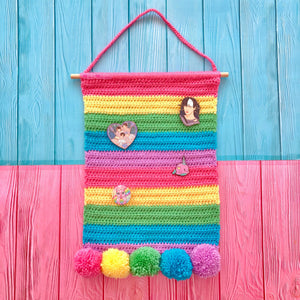 Pastel Rainbow Striped Crochet Pin Display Banner with Pastel Rainbow Pom Poms and Birch Wooden Dowel Hanger by VelvetVolcano