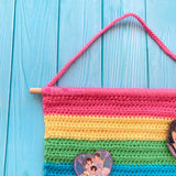 Pastel Rainbow Striped Crochet Pin Display Banner with Pastel Rainbow Pom Poms and Birch Wooden Dowel Hanger by VelvetVolcano