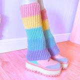 Kawaii Pastel Rainbow Striped Flared Boot / Shoe Cover Crochet Leg Warmers by VelvetVolcano
