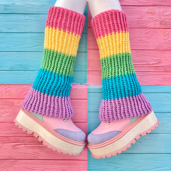 Pastel Rainbow Striped Colour Block Crochet Flared Leg Warmers by VelvetVolcano