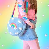 VelvetVolcano Circular Crochet Shoulder Bag in Duck Egg Blue with White Cloud and Pastel Rainbow Design and Pastel Rainbow Striped Strap