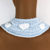 Pastel Blue crochet Peter Pan Collar with ties and Pastel Rainbow and White Cloud design by VelvetVolcano