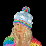 Fairy Kei Duck Egg Blue Crochet Beanie with White Cloud Pattern, Pastel Rainbow Pom Pom and Pastel Rainbow Ribbed Brim by VelvetVolcano