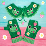 VelvetVolcano Froggy Collar and Froggy Fingerless Gloves. Kawaii Crochet Frog, Strawberry and Daisy Hand Warmers and Peter Pan Collar.