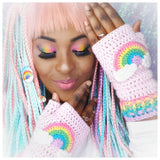 AyeshaShaSha wears VelvetVolcano Kawaii Baby Pink Crochet Fingerless Gloves with Pastel Rainbow Cloud Motif and Pastel Rainbow Striped Cuffs 