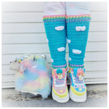 Kawaii Pastel Rainbow and Turquoise Sky with White Cloud Pattern Leg Warmers by VelvetVolcano, Fluffy Pastel Rainbow Bag, Pusheen Keyring, Little Twin Stars Kiki and LaLa Shoes 
