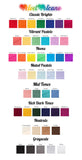 VelvetVolcano Acrylic Yarn Colour Chart, showing 44 different yarn colours