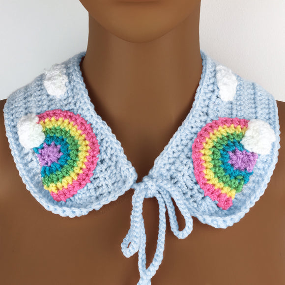 Pastel Blue crochet Peter Pan Collar with ties and Pastel Rainbow and White Cloud design by VelvetVolcano