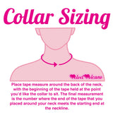 VelvetVolcano Collar Sizing graphic with text that says: Place tape measure around the back of the neck, with the beginning of the tape held at the point you’d like the collar to sit. The final measurement is the number where the end of the tape that you placed around your neck meets the starting end at the neckline.
