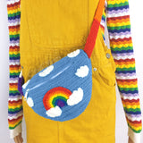Dolphin Blue Crochet Bum Bag / Fanny Pack / Waist Bag / Crossbody Bag with Bright Rainbow Striped Strap, and a Bright Rainbow and Cloud Design by VelvetVolcano