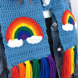 Chunky Bright Rainbow Cloud Scarf - Dolphin Blue crochet scarf with rainbow tassels and rainbow and cloud design by VelvetVolcano
