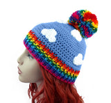 Bright Rainbow Cloud Crochet Pom Pom Beanie with Dolphin Blue Sky by VelvetVolcano