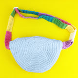 Baby Blue Crochet Bum Bag with Pastel Rainbow Striped Strap and Pastel Rainbow and Cloud Motif - Kawaii Fairy Kei Fanny Pack by VelvetVolcano