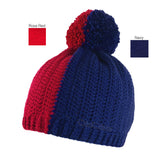 A half red and half navy, split vertically, crochet pom pom beanie by VelvetVolcano