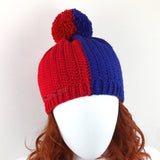 Red & Royal Blue Vertical Split Half and Half Pom Pom Beanie handmade by VelvetVolcano