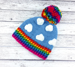 Bright Rainbow Cloud Crochet Pom Pom Beanie with Dolphin Blue Sky by VelvetVolcano