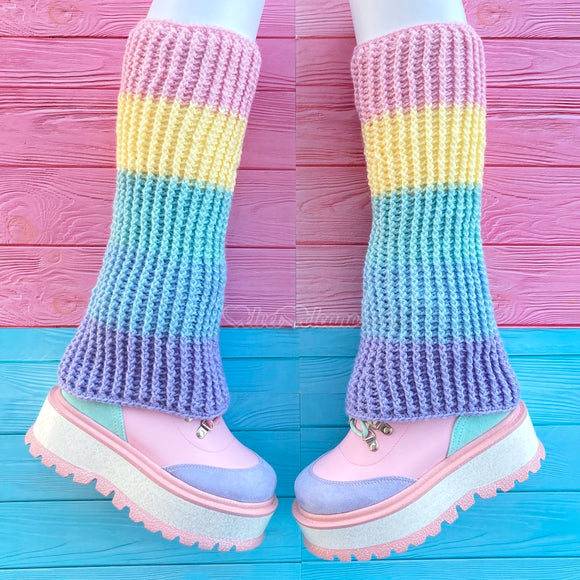 Kawaii Pastel Rainbow Striped Flared Boot / Shoe Cover Crochet Leg Warmers by VelvetVolcano