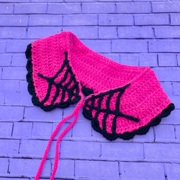 Neon Pink & Black Crochet Cobweb Collar (Peter Pan Style Detachable Collar with Scallop Trim and Spiderweb Detail) by VelvetVolcano