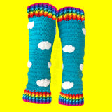 Rainbow Striped Cuff and Turquoise Sky with White Cloud Pattern Leg Warmers - Kawaii Crochet Legwarmers by VelvetVolcano