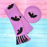 Matching lilac and black crochet scarf and beret set with bat design by VelvetVolcano