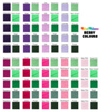VelvetVolcano Berry Colours Acrylic Yarn Colour Chart, showing Aubergine, Violet, Lilac, Lavender, Baby Pink, Bubblegum, Neon Pink, Cerise, Raspberry, Spearmint, Neon Green, Emerald, Sage and Forest.