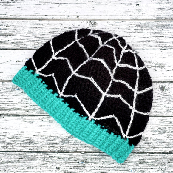 Black fitted crochet beanie with white spider web / cobweb design and light teal ribbed brim by VelvetVolcano