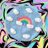Baby Blue Crocheted Kawaii Beret with White Clouds and Pastel Rainbow design by VelvetVolcano