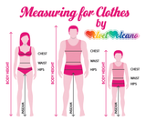 Measuring for clothes graphic with a woman, man and child that shows various measurements marked including inseam, chest, waist, hips and body height