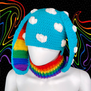 Turquoise, White and Rainbow Striped Kawaii Crochet Bunny Balaclava by VelvetVolcano